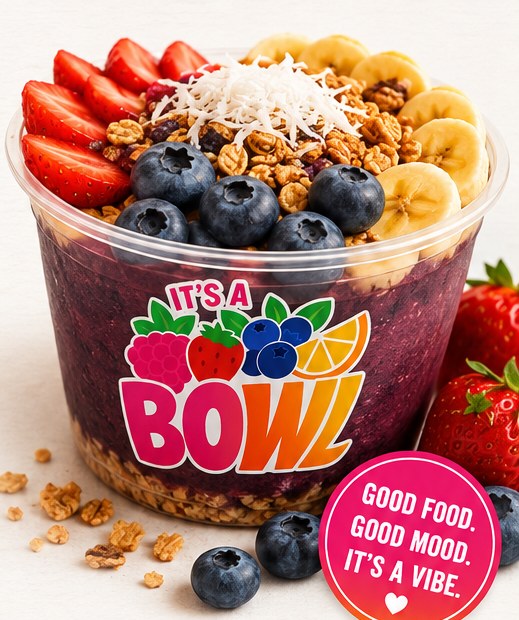 Açaí bowls topped with fresh fruit